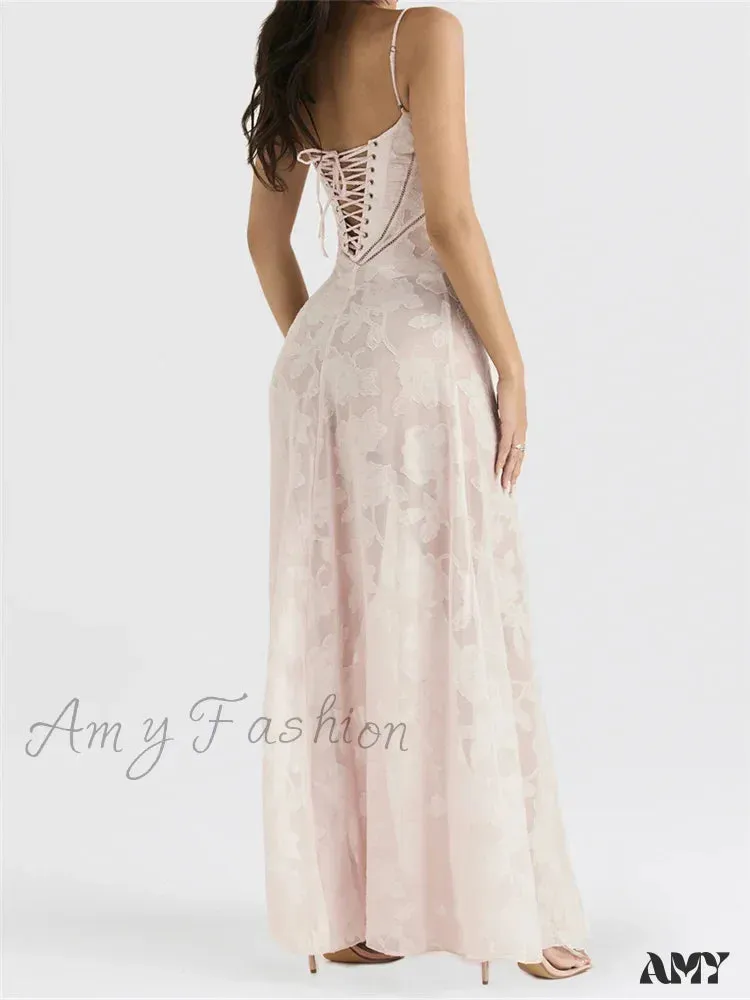 Amy Fashion - Sexy Women Sleeveless Spaghetti Strap  Sling Lace Floral Backless Criss-cross Tie-up Summer Vestidos