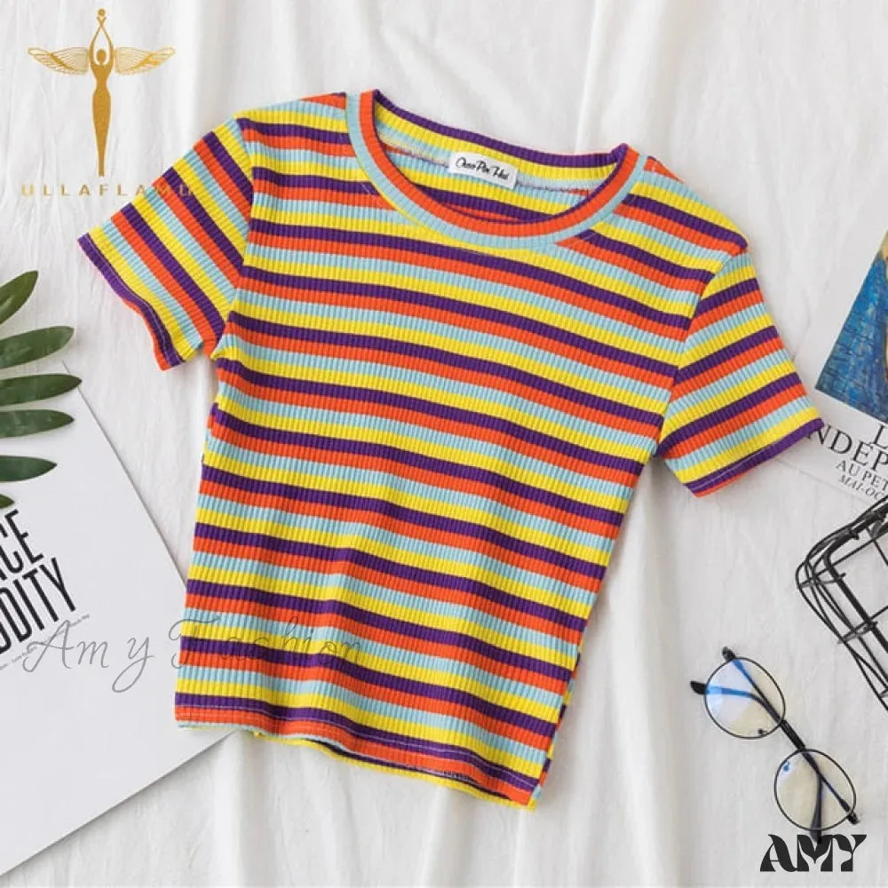 Amy Fashion - Short Sleeve Navel Skinny Stitching Crop Top