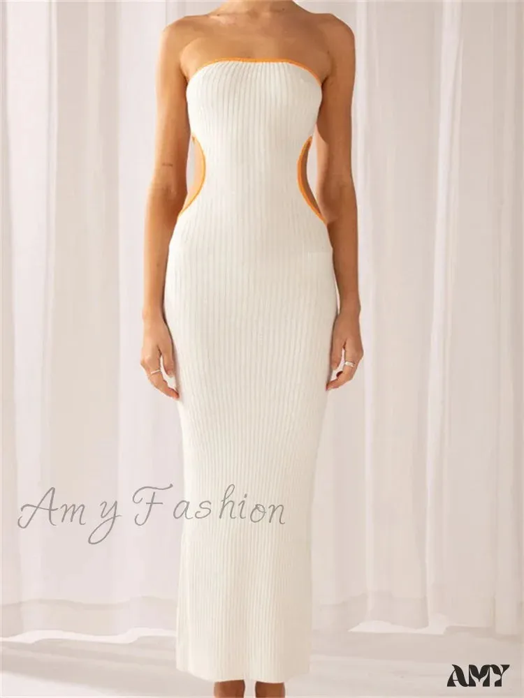 Amy Fashion - Women Waist Hollow Out Tube  Strapless Off Shoulder Contrast Color Ribbed Summer Party Clubwear