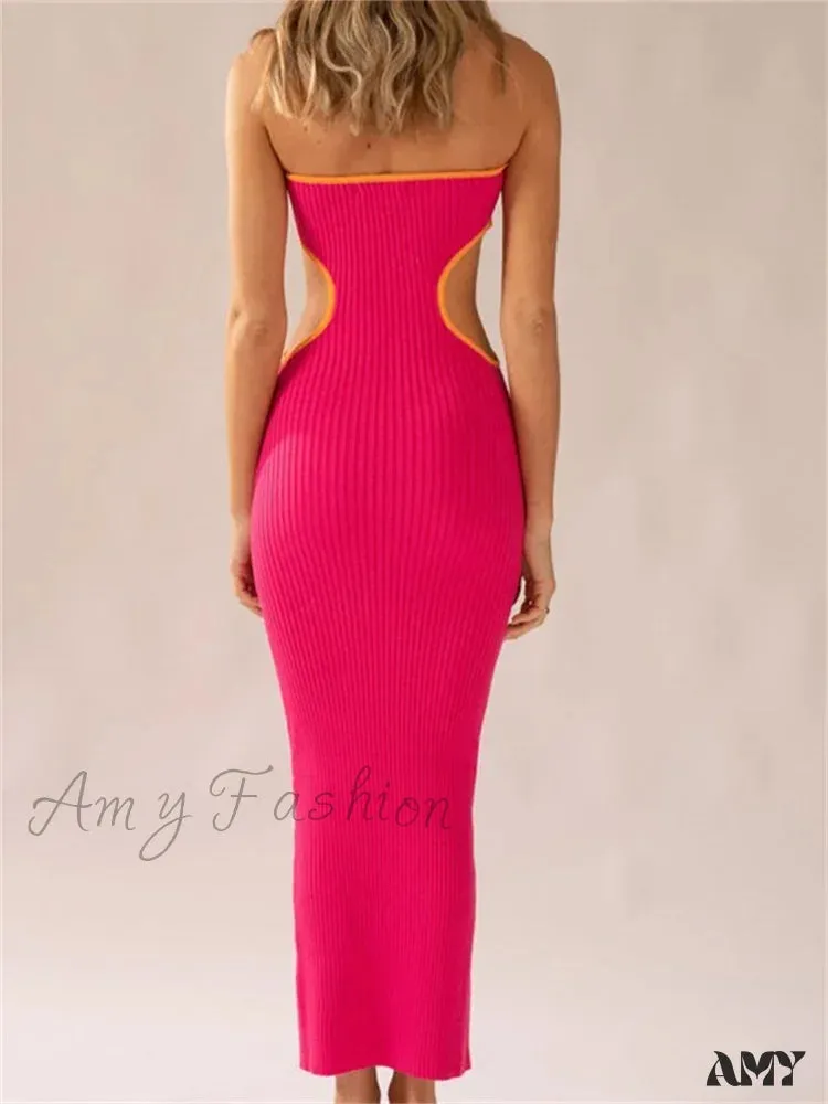 Amy Fashion - Women Waist Hollow Out Tube  Strapless Off Shoulder Contrast Color Ribbed Summer Party Clubwear