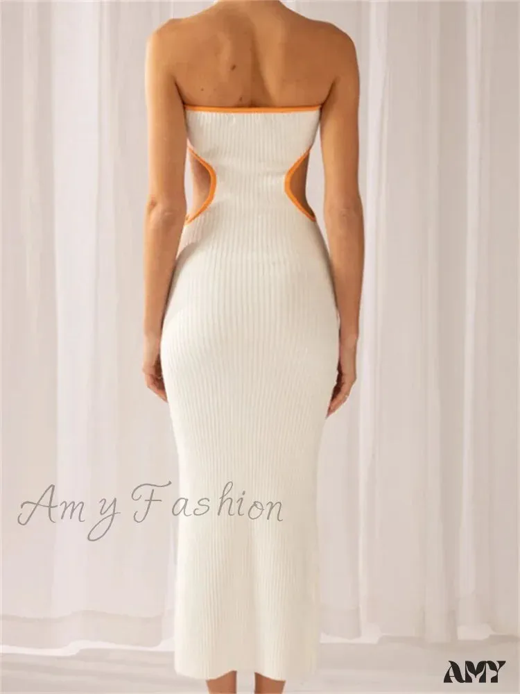 Amy Fashion - Women Waist Hollow Out Tube  Strapless Off Shoulder Contrast Color Ribbed Summer Party Clubwear