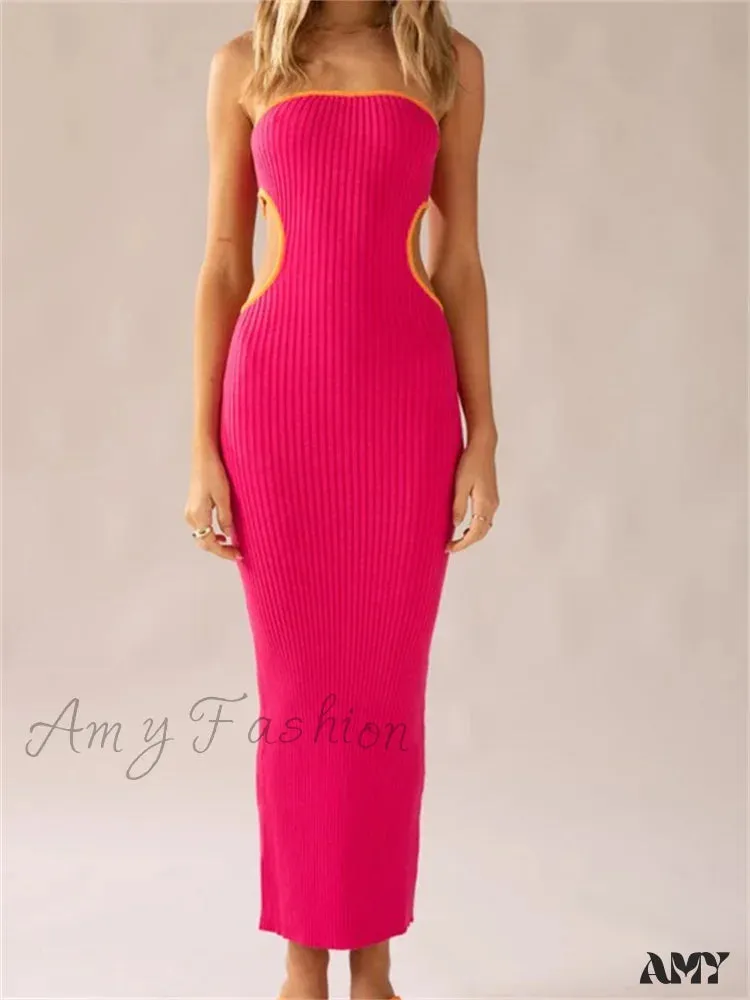Amy Fashion - Women Waist Hollow Out Tube  Strapless Off Shoulder Contrast Color Ribbed Summer Party Clubwear