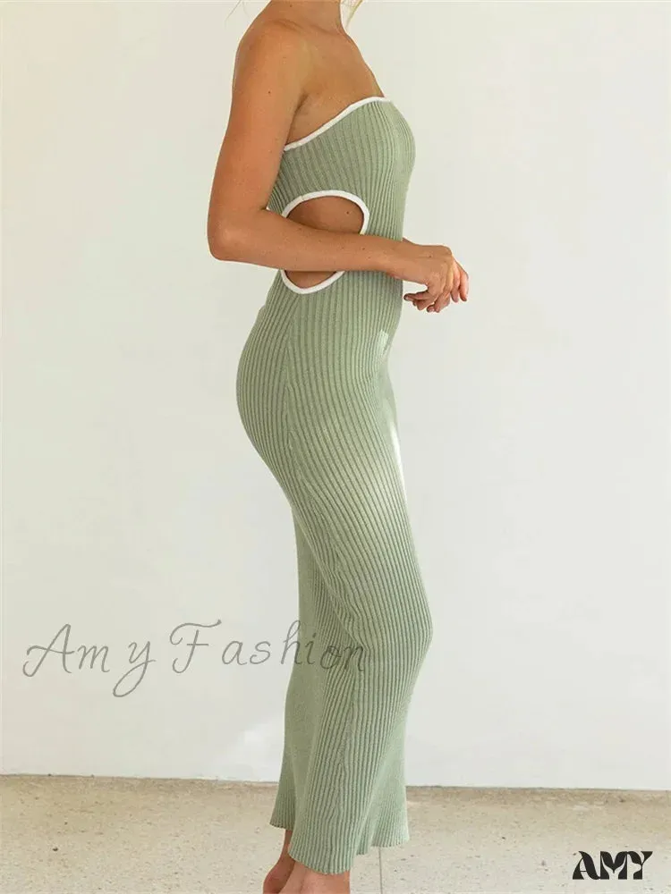 Amy Fashion - Women Waist Hollow Out Tube  Strapless Off Shoulder Contrast Color Ribbed Summer Party Clubwear