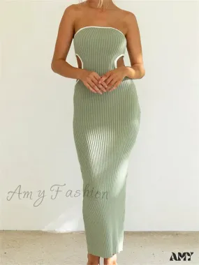Amy Fashion - Women Waist Hollow Out Tube  Strapless Off Shoulder Contrast Color Ribbed Summer Party Clubwear
