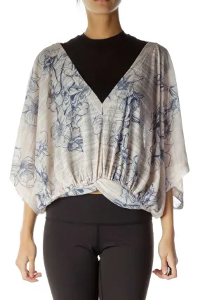 Beige Floral Print Kimono-Style Crop Top