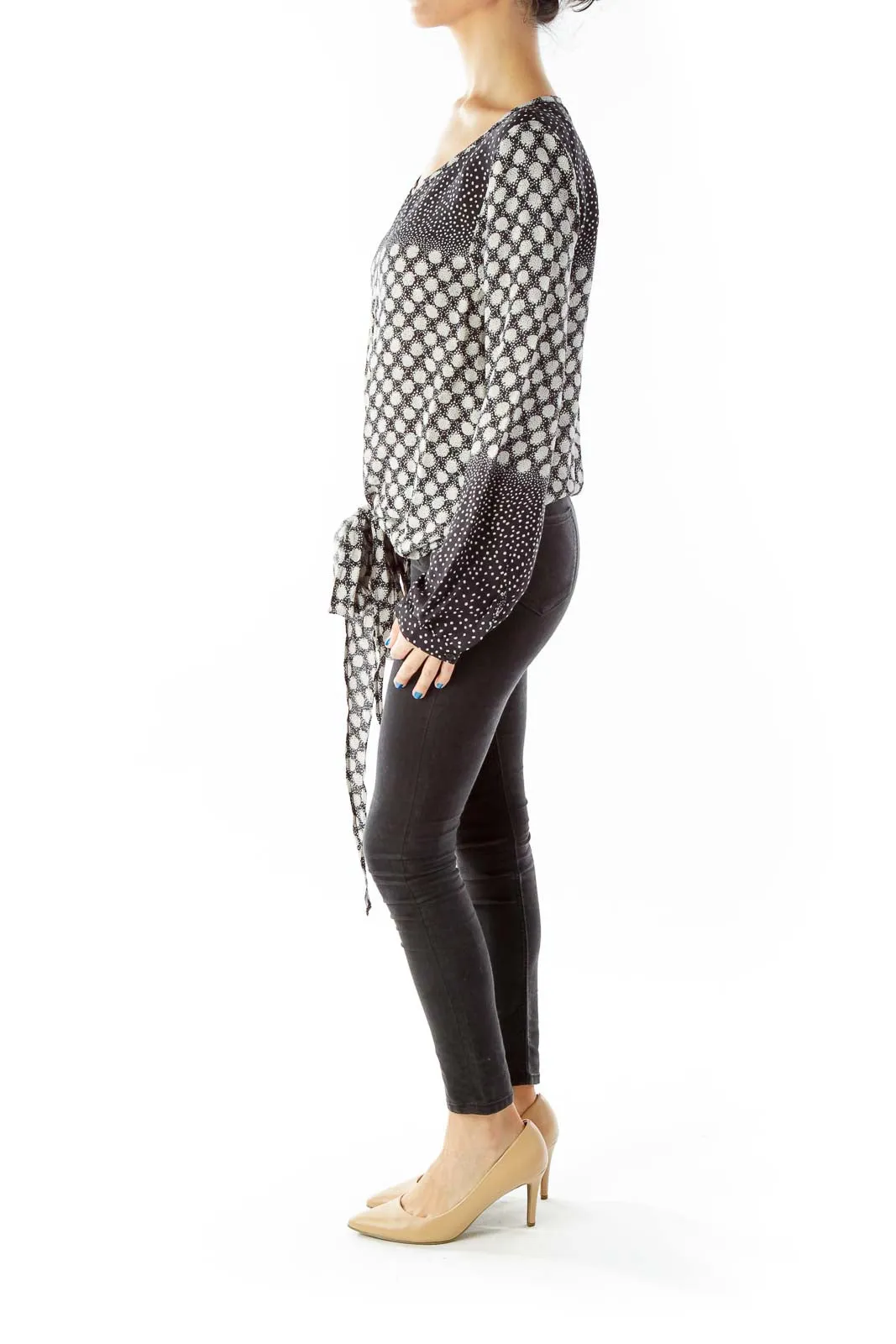Black White Polka Dot Knotted Blouse