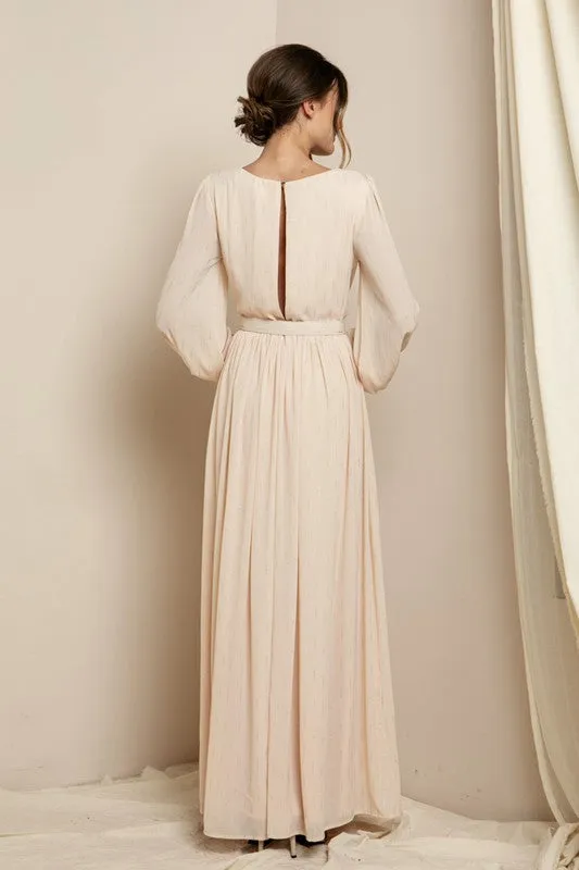 Champagne Long Sleeve Surplice Maxi Dress