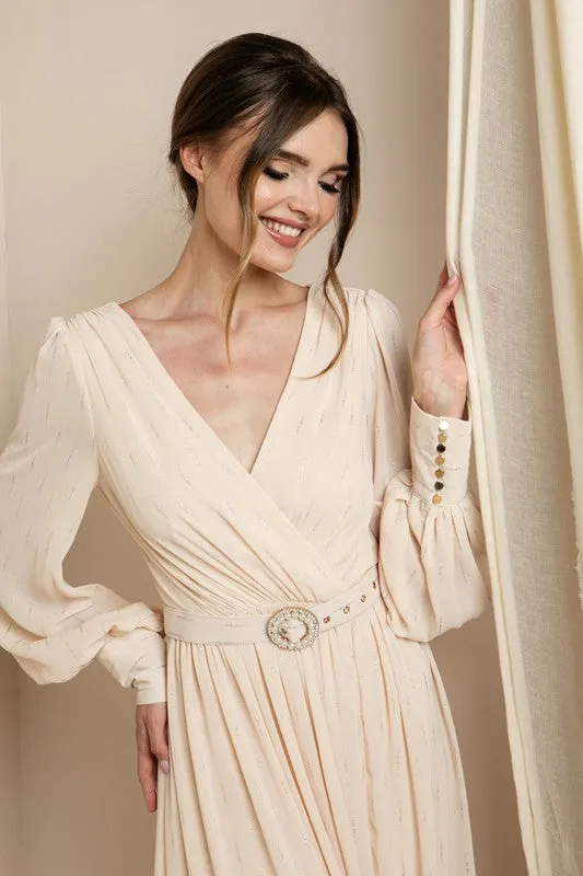 Champagne Long Sleeve Surplice Maxi Dress