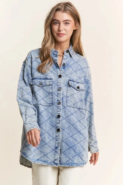Denim Quilt Stitch Jacket-Plus Size Denim Blue