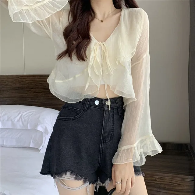 Kawaii Plunging Sheer Falbala Crop Top