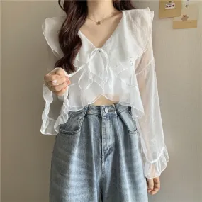 Kawaii Plunging Sheer Falbala Crop Top