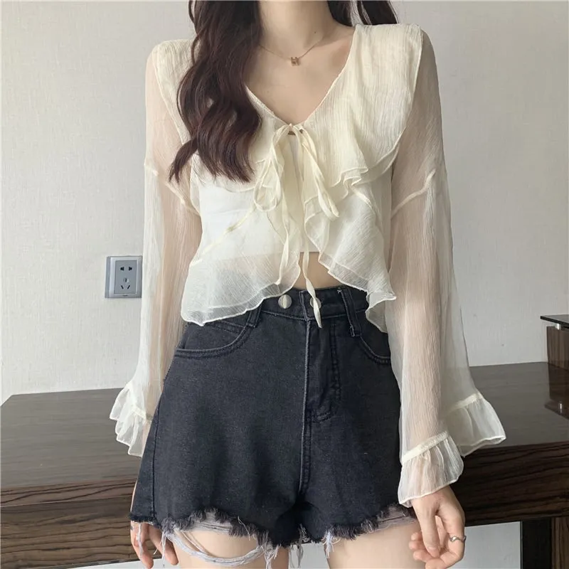 Kawaii Plunging Sheer Falbala Crop Top