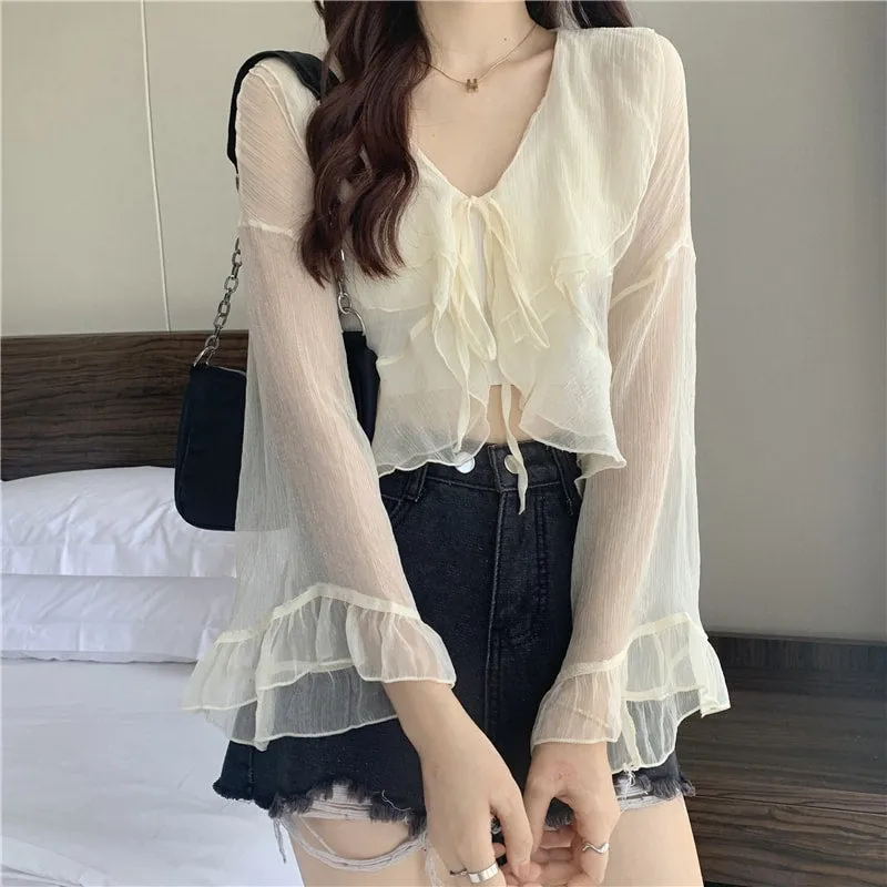Kawaii Plunging Sheer Falbala Crop Top