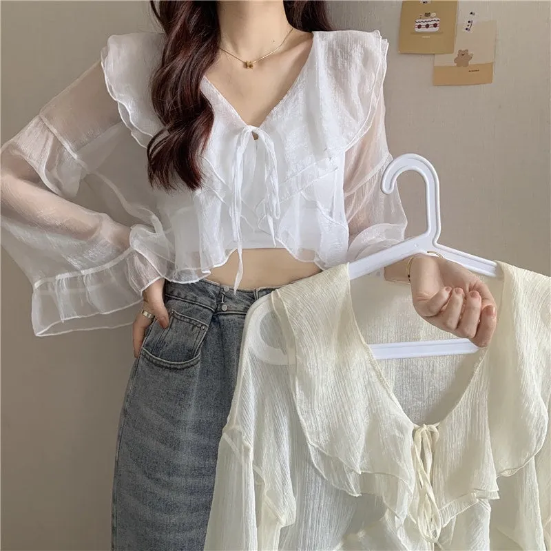 Kawaii Plunging Sheer Falbala Crop Top