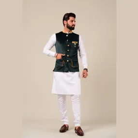 Modishly Styled Puff Pocket Green Velvet Nehru Jacket with White Kurta Pajama
