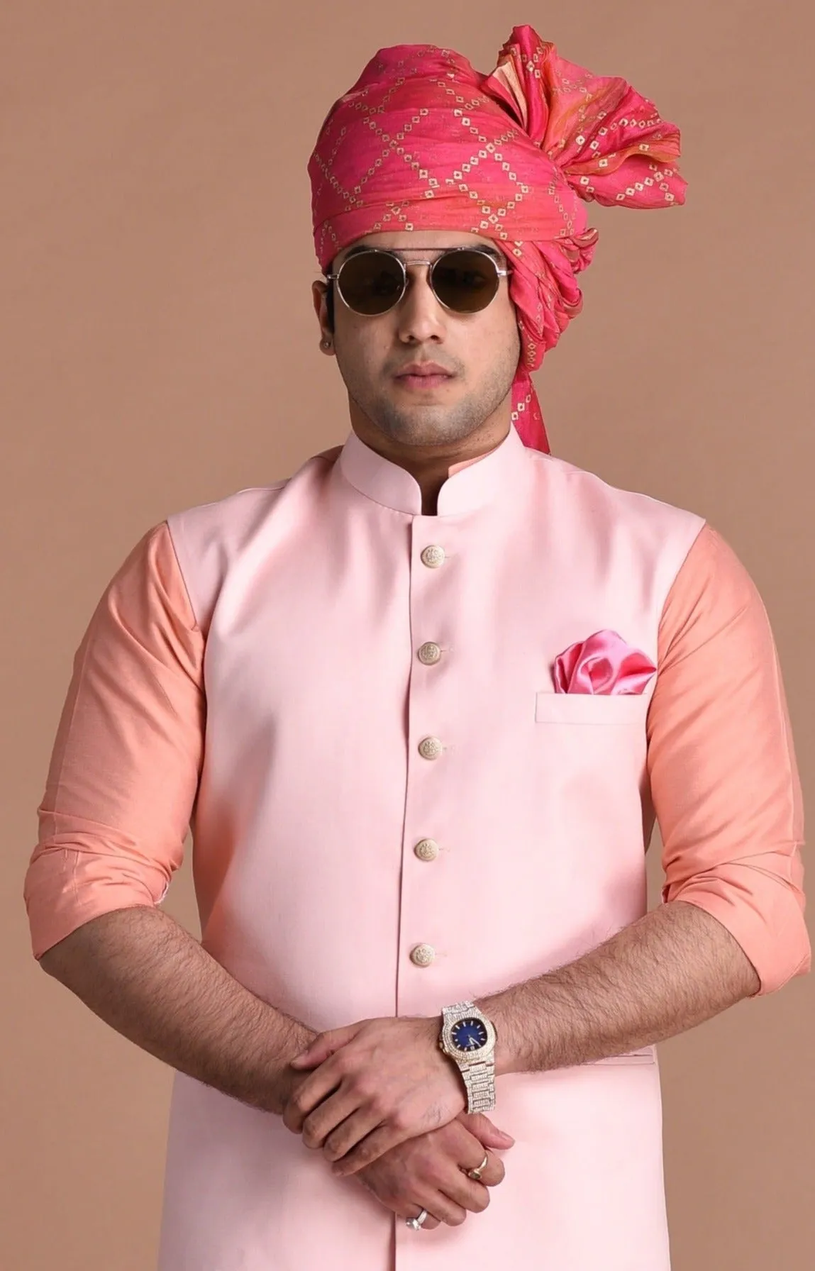 Pink Terry Rayon Nehru Jacket With Peach Silk Kurta Pajama Set