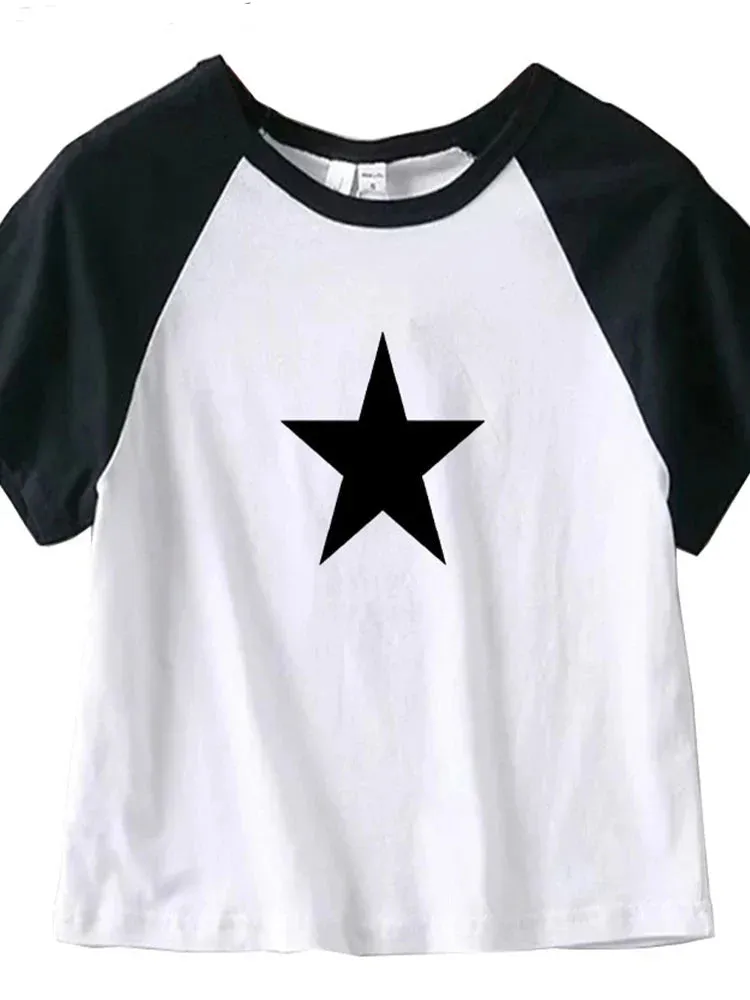 Retro Fashion Gothic Sexy Aesthetics Navel Short Sleeve Tee for Women