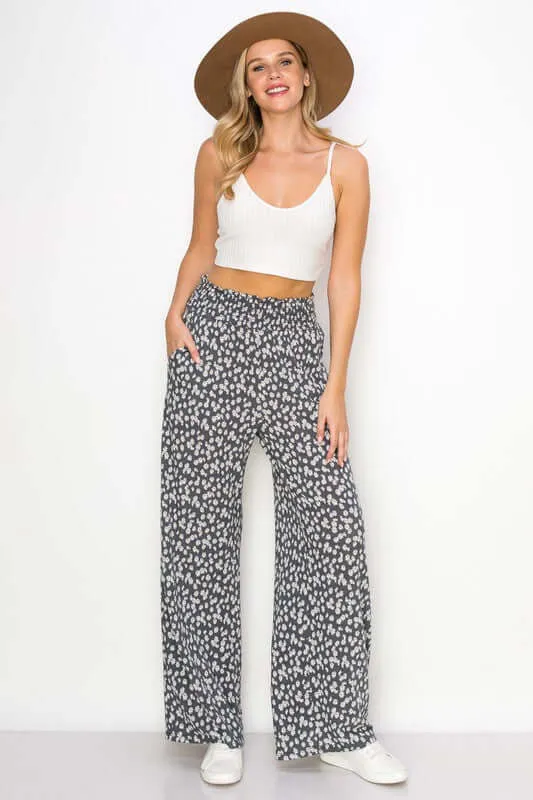 Smocked Waist Floral Relaxed Fit Pants Made in USA