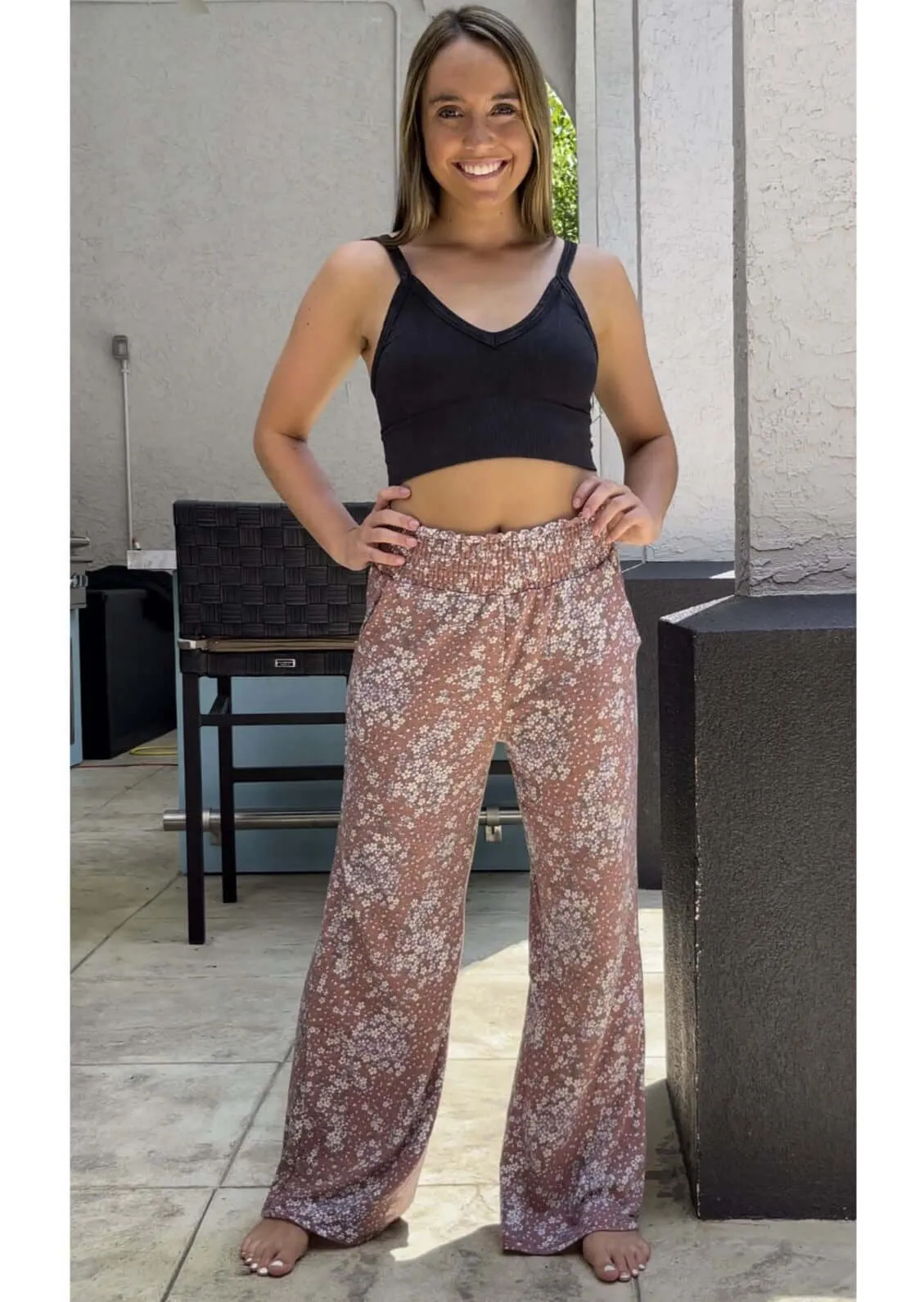 Smocked Waist Floral Relaxed Fit Pants Made in USA