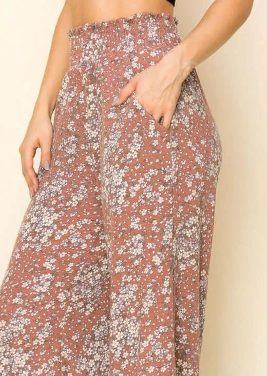 Smocked Waist Floral Relaxed Fit Pants Made in USA