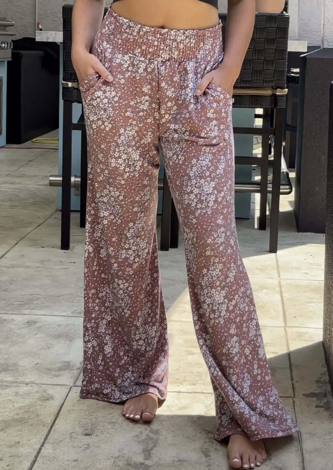 Smocked Waist Floral Relaxed Fit Pants Made in USA