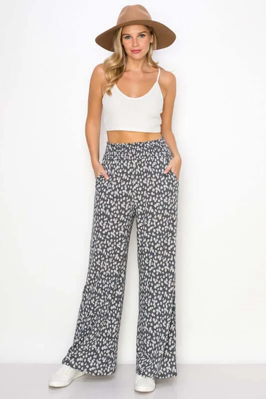 Smocked Waist Floral Relaxed Fit Pants Made in USA