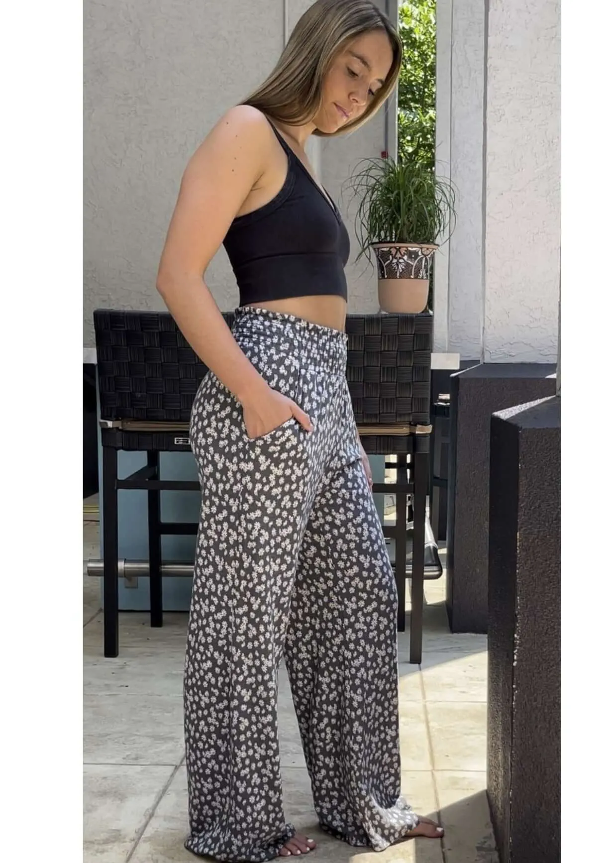 Smocked Waist Floral Relaxed Fit Pants Made in USA
