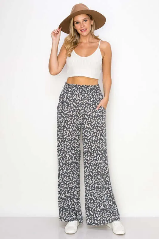 Smocked Waist Floral Relaxed Fit Pants Made in USA