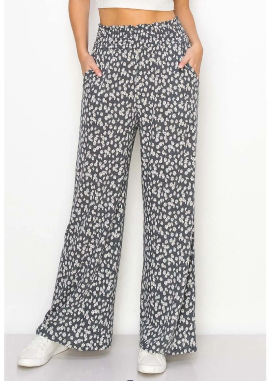 Smocked Waist Floral Relaxed Fit Pants Made in USA