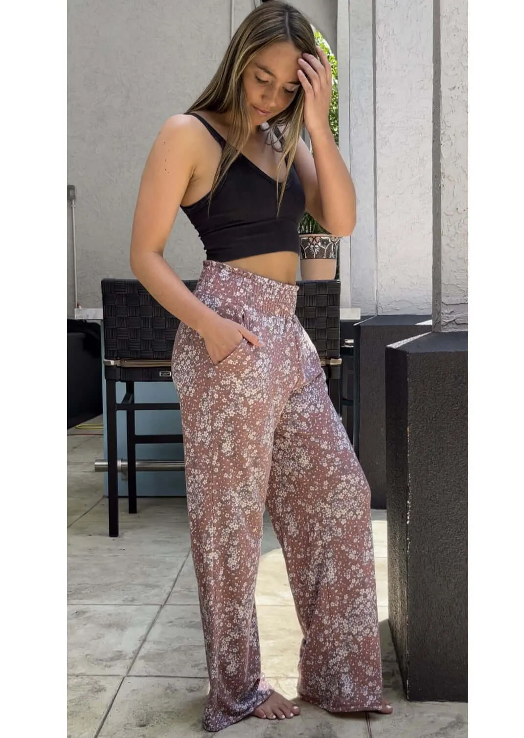 Smocked Waist Floral Relaxed Fit Pants Made in USA