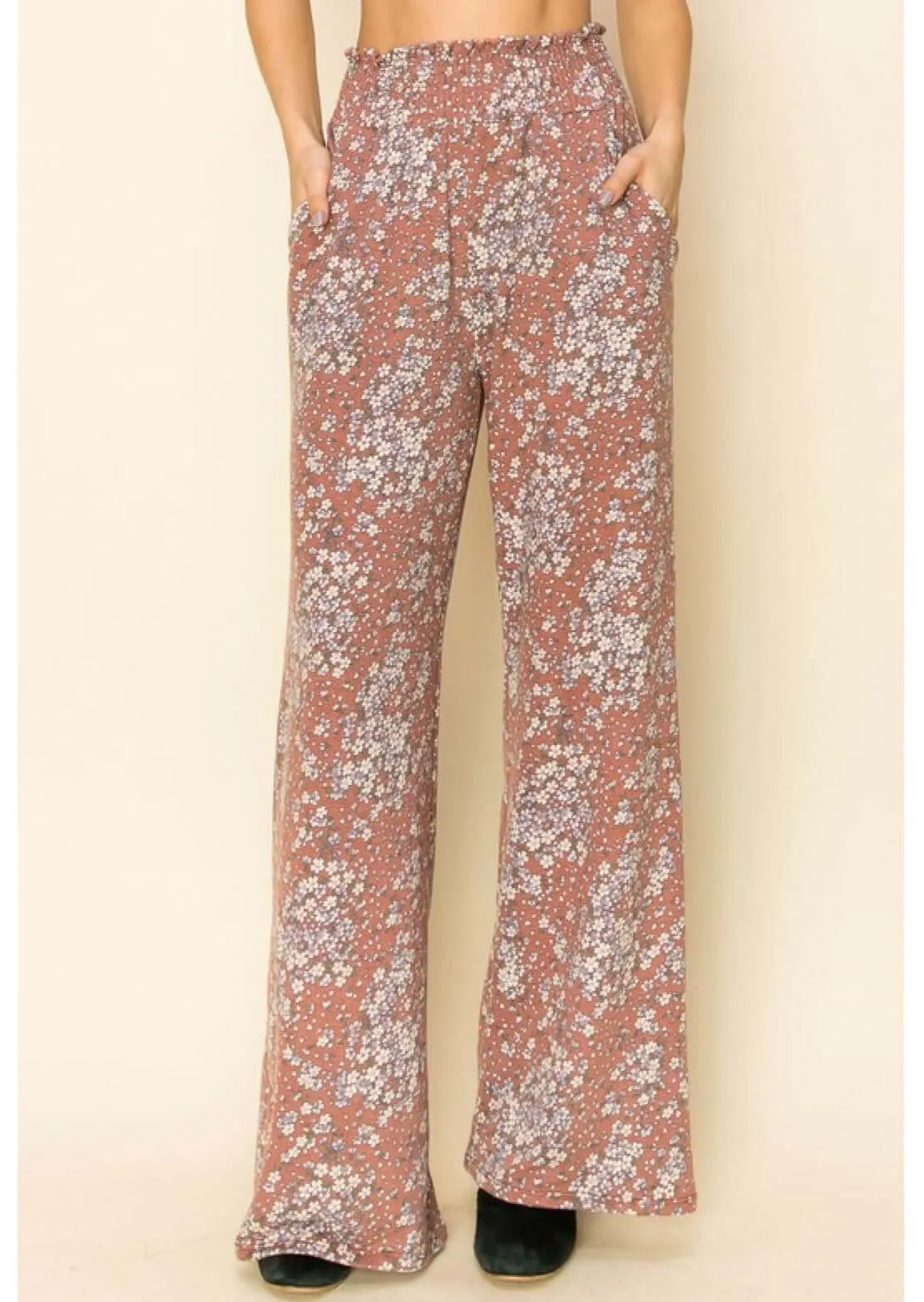 Smocked Waist Floral Relaxed Fit Pants Made in USA