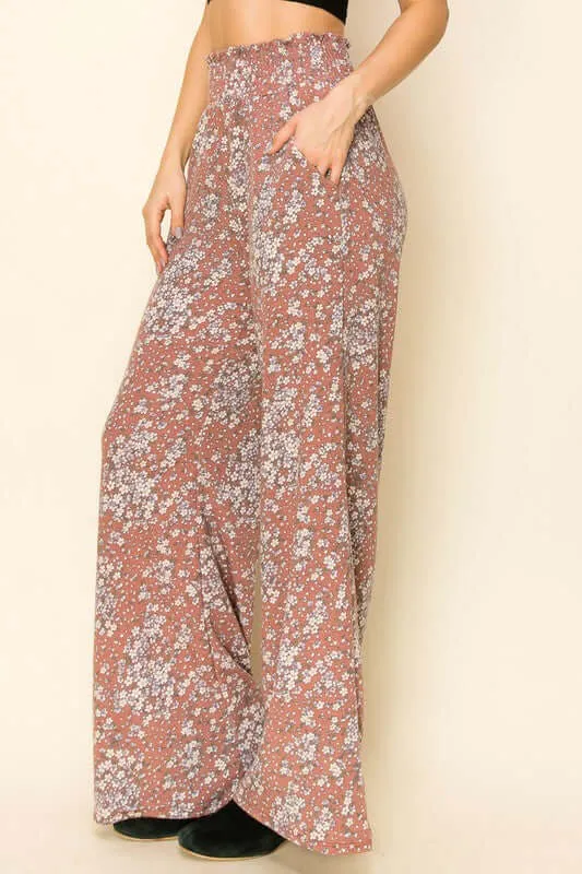 Smocked Waist Floral Relaxed Fit Pants Made in USA